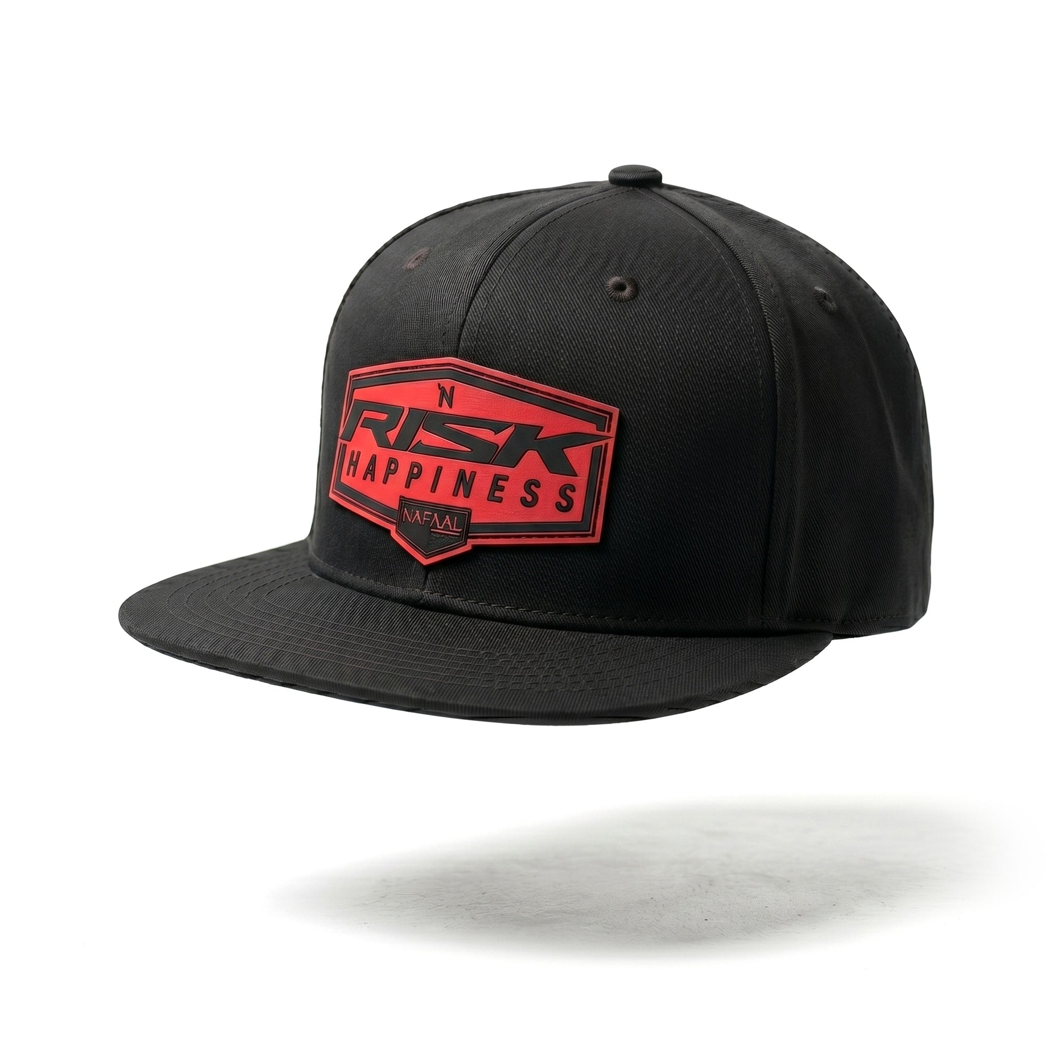 "Risk Happiness" Black Flatbill // RED&BLK Leather Patch Snapback Hat