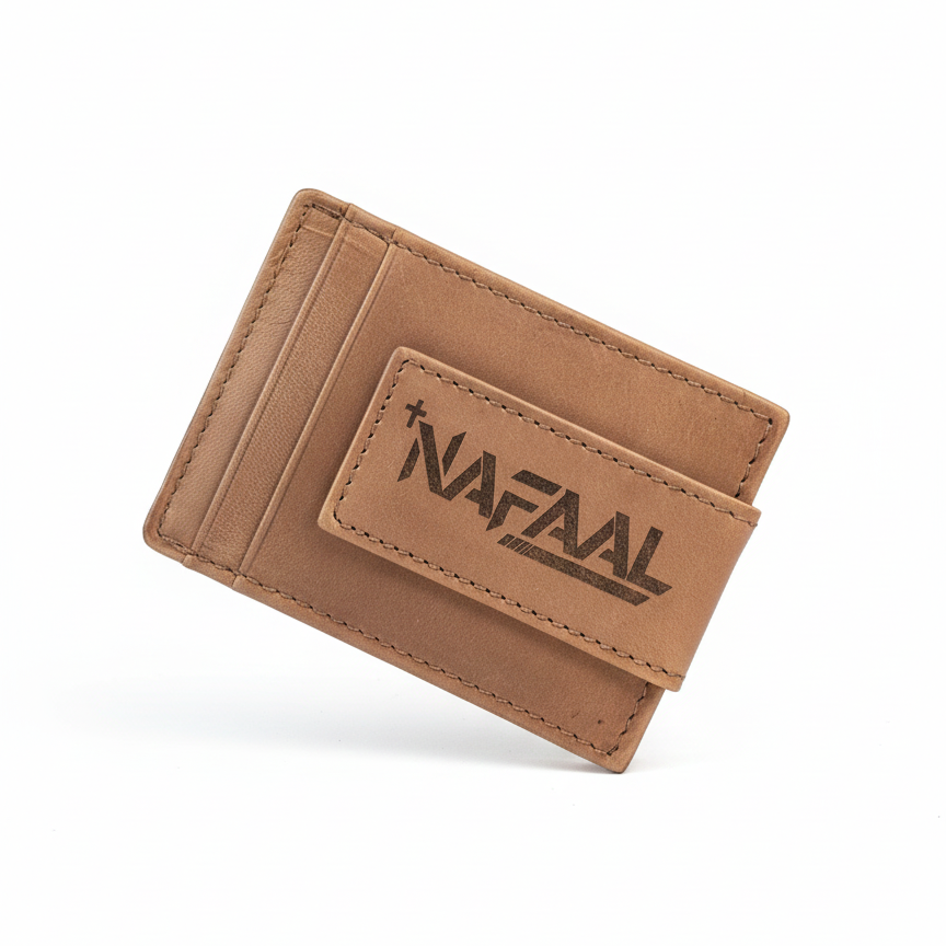Brown leather wallet with 'Nafaal' branding on a white background
