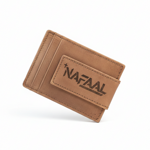Brown leather wallet with 'Nafaal' branding on a white background